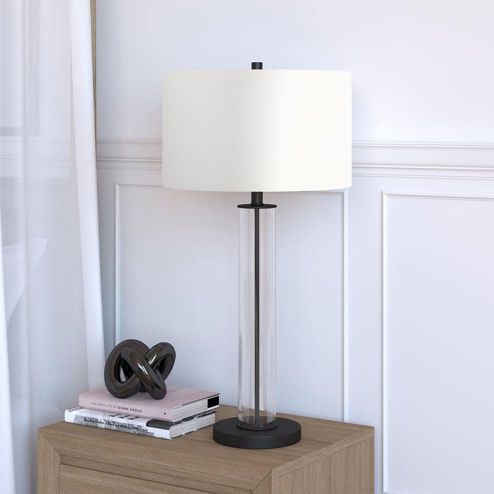 Clear Glass and Blackened Bronze Table Lamp with Drum Shade