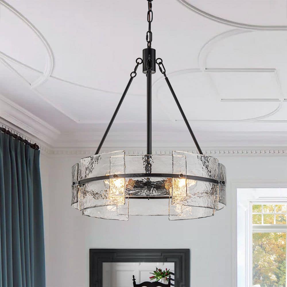 Oslo 20.4 in. 4-Light Modern Matte Black Drum Chandelier with Textured Glass Shade price history on PriceWatchPro