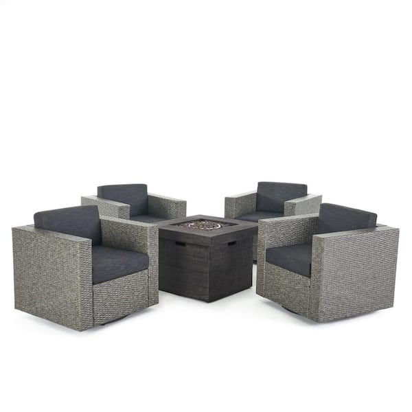 Puerta Mixed Black 5-Piece Faux Rattan Patio Fire Pit Set with Dark Grey Cushions