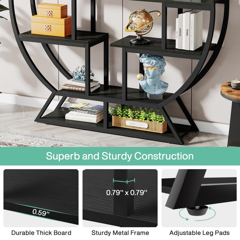 Industrial Black Round Wood Bookshelf with Staggered Shelves
