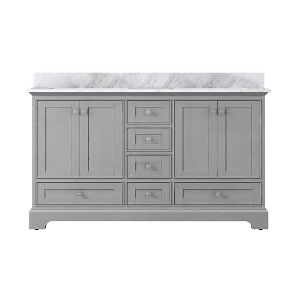 CASAINC 58.74 in. W x 20.67 in. D x 37.48 in. H Double Sink Bath Vanity in Gray with White Carrara Marble Top