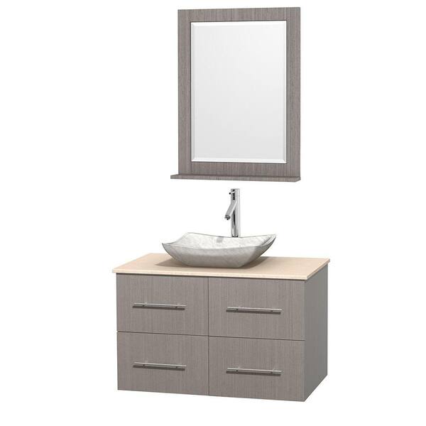 Wyndham Collection Centra 36 in. Vanity in Gray Oak with Marble Vanity Top in Ivory, Carrara White Marble Sink and 24 in. Mirror