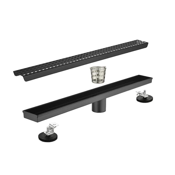 Tahanbath 24 in. Linear Shower Drain, Included Hair Strainer and Leveling Feet In Matt Black