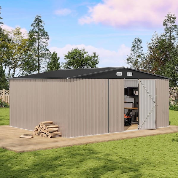 12' x 14' Storage Shed, Outdoor Metal Wall Side Storage Sheds for Patio, Garden, Lawn (Brown)