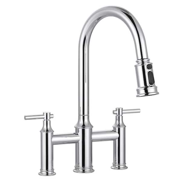Pull Down Sprayer Double Handle Bridge Kitchen Faucet in Chrome