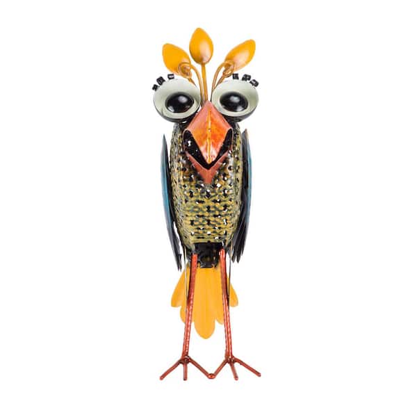 12 in. Tall Outdoor Metal Wide-Eyed Bird Standing Yard Statue Decoration, Multicolor