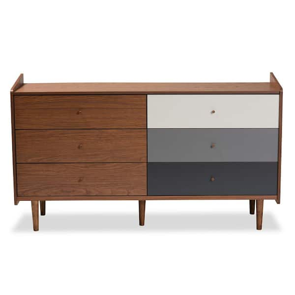 Baxton Studio Halden 6-Drawer Walnut Brown and Grey Dresser 34.6 in. H x 59.25 in. W x 17.3 in. D