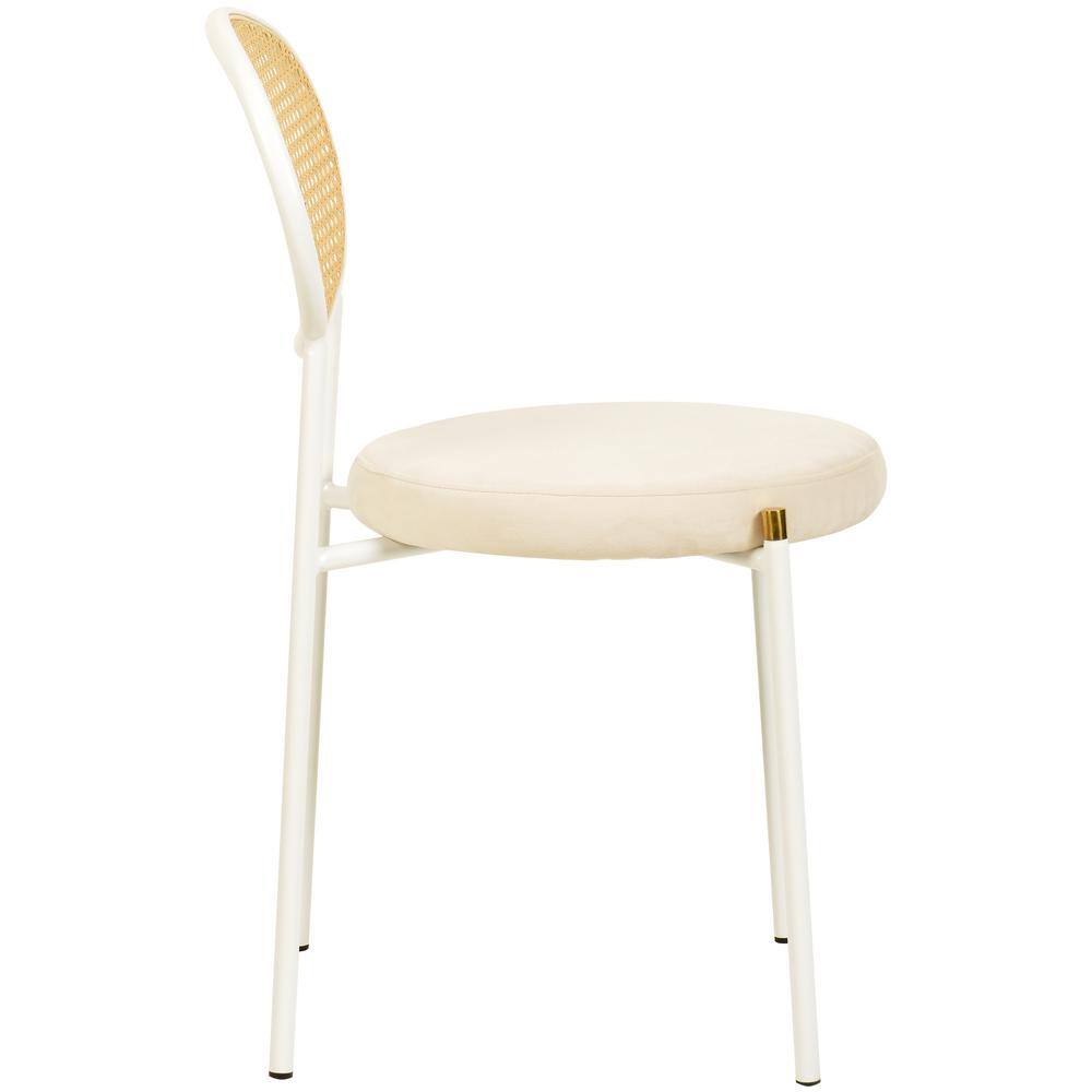 Beige Velvet Side Chair with Rattan Back and White Metal Frame