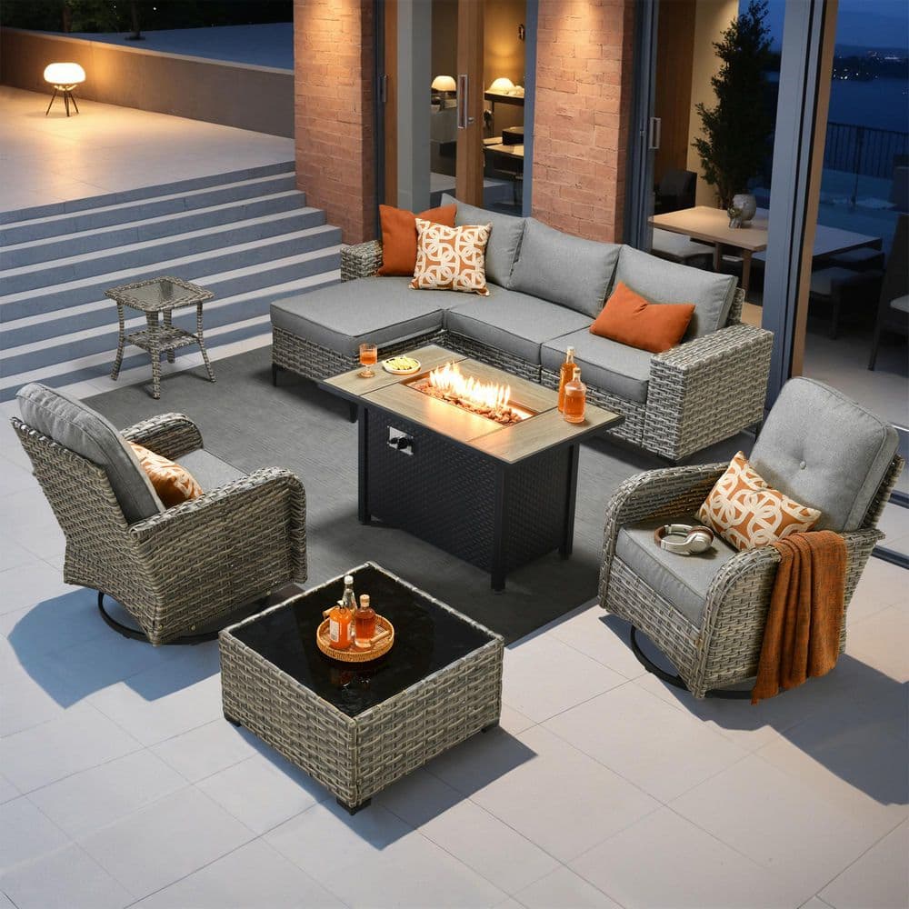 Puro 9 Pieces Wicker Outdoor Patio Rectangular Fire Pit Set and Swivel Rocking Chairs with Dark Gray Cushions price history on PriceWatchPro