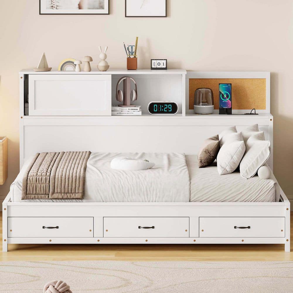 White Wood Frame Twin Size Platform Bed with 3 Drawers, Upper Soft Board, Shelf, and a Set of Sockets and USB Ports price history on PriceWatchPro