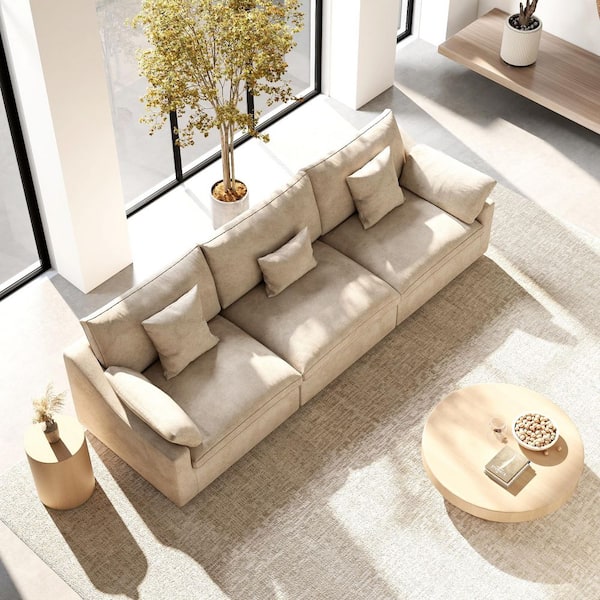 119 in. Square Arm Plush Linen 3-Piece Comfy Couch Deep Seat Cloud Modular Sectional Sofa with Washable Covers in Khaki