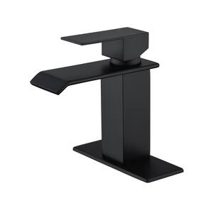 Single Handle Single Hole Waterfall Spout Bathroom Faucet with Deckplate Included in Matte Black