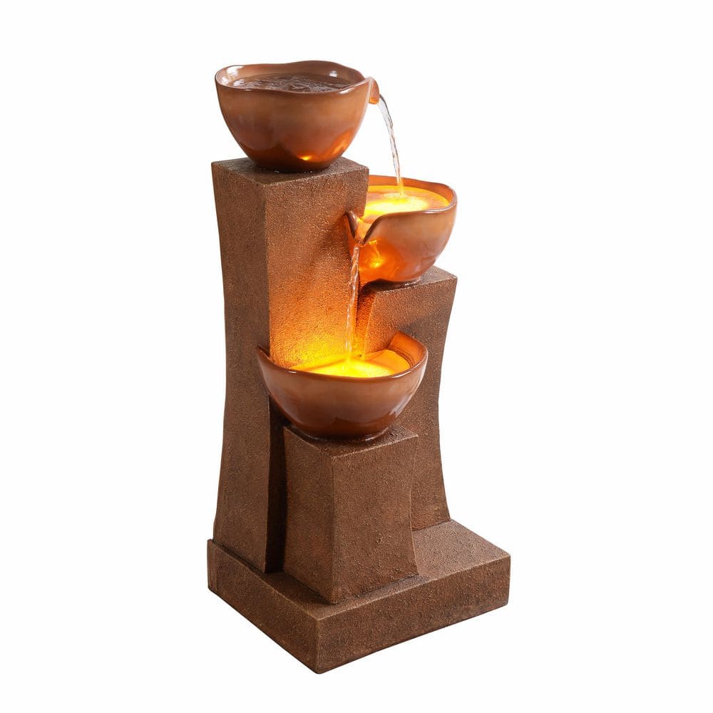 28.54 in. 3-Tier Outdoor Water Cascade Fountain with LED Lights for Outdoor Living Spaces in Brown price history on PriceWatchPro