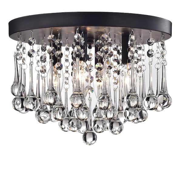 Jojospring Blanca 11.8 in. 4Light Crystal Drops Black Flush Mount with No Bulbs Included