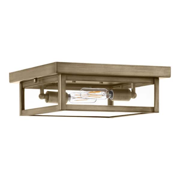 Porter Hills 2-Light Vintage Brass Outdoor Ceiling Light Flush Mount Light with Clear Glass, No Bulbs Included