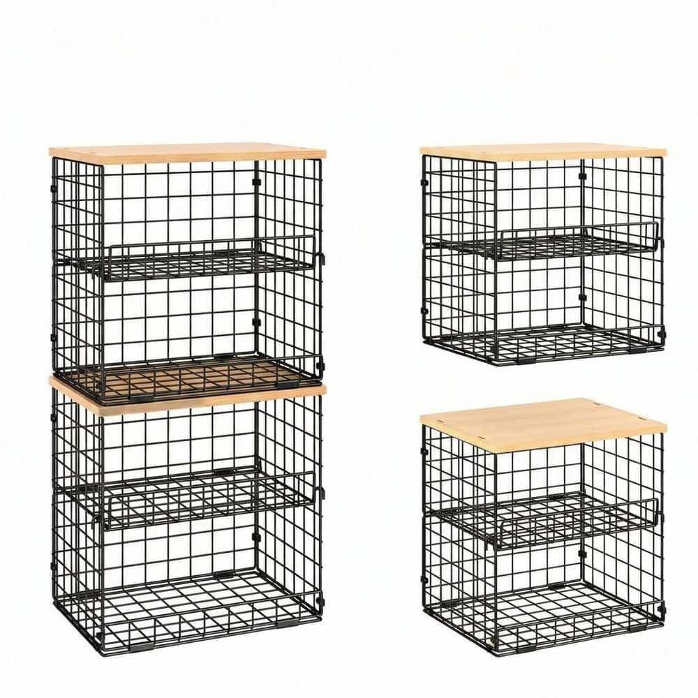 Black Stackable Wire Pantry Baskets with Wooden Top, 4 Pack Metal Storage Bins for Kitchen Fruit Vegetable price history on PriceWatchPro