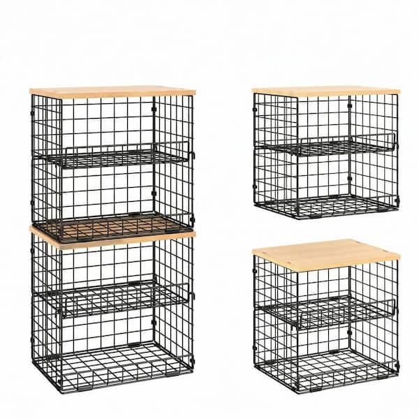 Black Stackable Wire Pantry Baskets with Wooden Top, 4 Pack Metal Storage Bins for Kitchen Fruit Vegetable