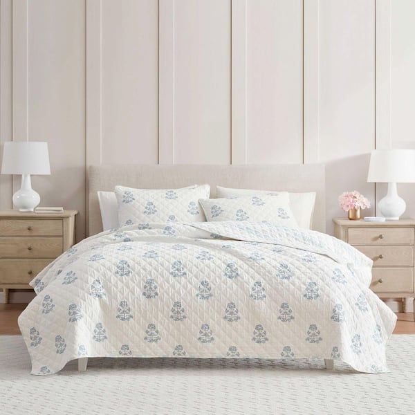 Flower Block Print 2-Piece Winter Blue Cotton Percale Twin Quilt Set