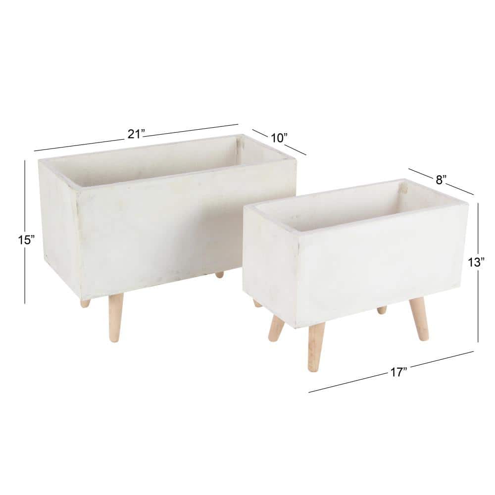 White Fiber Clay Rectangular Planters with Wood Legs, Set of 2