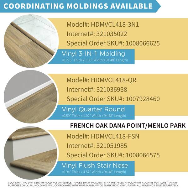 French Oak Dana Point/Menlo Park 0.59 in. Thickness x 1.023 in. Width x 94.48 in. Length Quarter Round French Oak Dana Point/Menlo Park 0.59 in. Thickness x 1.023 in. Width x 94.48 in. Length Quarter Round