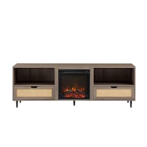 70 in. Driftwood Rattan and Wood 2-Door Fireplace TV stand for TVs up to 75 in.