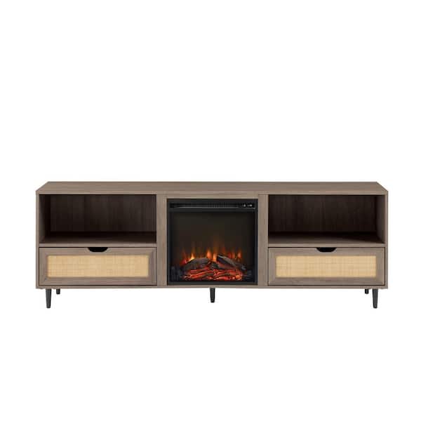 Welwick Designs 70 in. Driftwood Rattan and Wood 2-Door Fireplace TV stand for TVs up to 75 in.