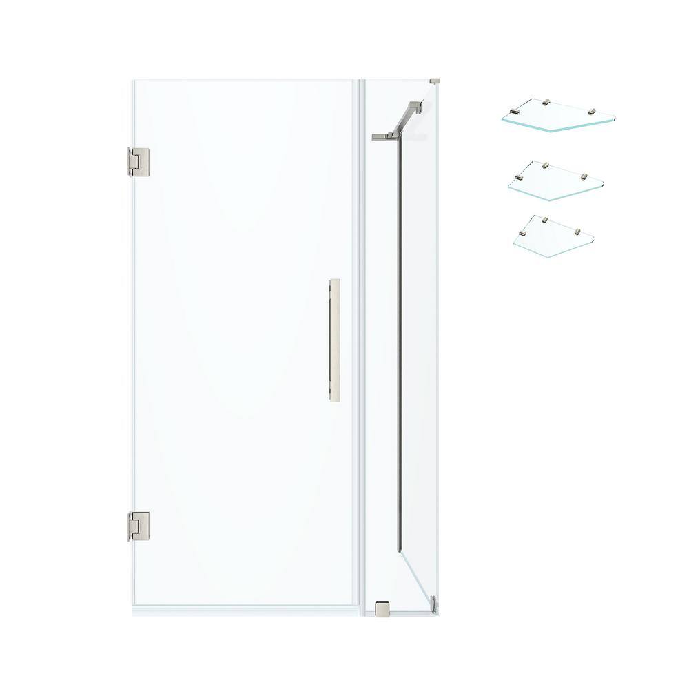 Tampa-Pro 33" Satin Nickel Frameless Corner Shower Enclosure with Shelves