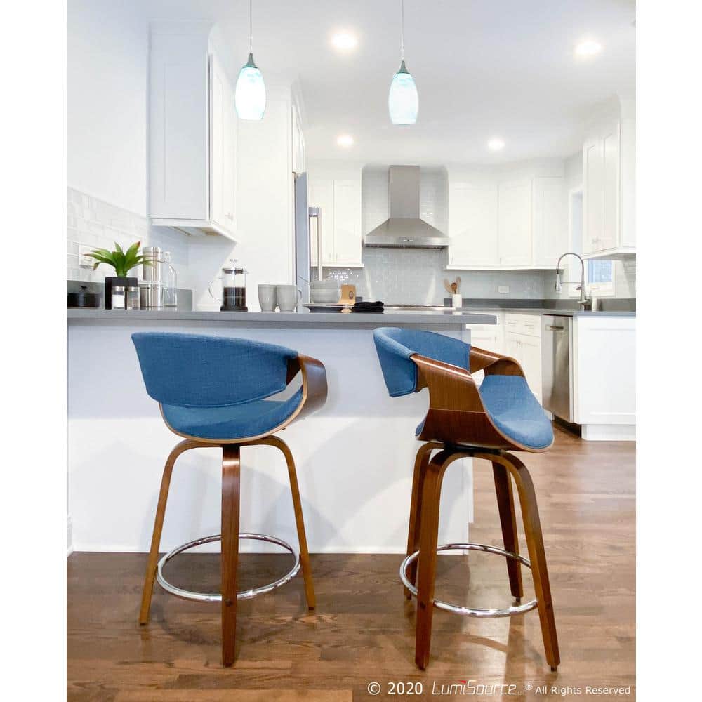 Curvini 20.5'' Walnut Wood and Blue Fabric Swivel Counter Stool - Set of 2