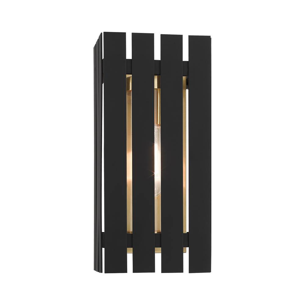 Black and Satin Brass Dimmable Outdoor Wall Lantern with Clear Glass