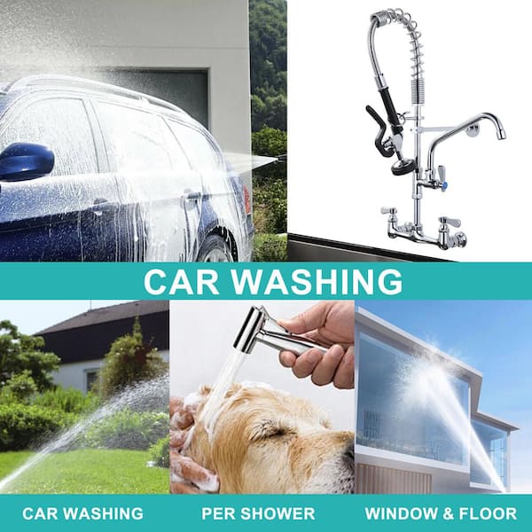 25" Ht Triple Handles Commercial Brass Pull Down Sprayer Kitchen Faucet Pre-Rinse Sprayer and 9.6" Swing Spout in Chrome