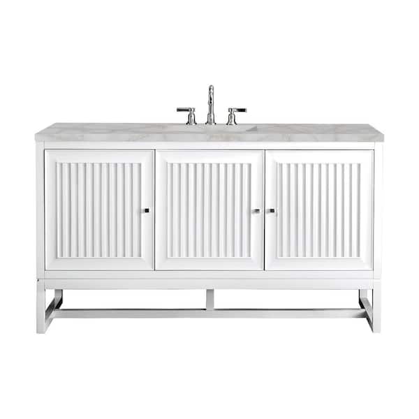 James Martin Vanities Athens 60.0 in. W x 23.5 in. D x 34.5 in. H Single Bathroom Vanity Glossy White and Victorian Silver Quartz Top