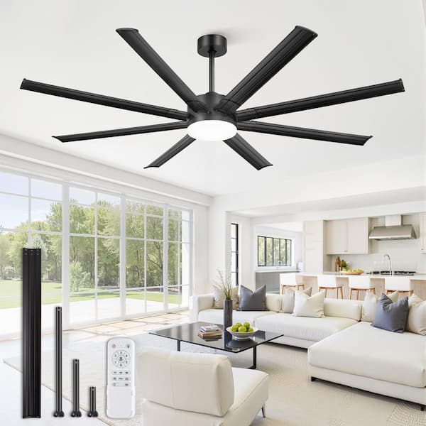 72 in. Black Large Fandelier Ceiling Fan with Light Remote Downrod 8 Iron Blades Quiet Reversible DC Motor Living Room