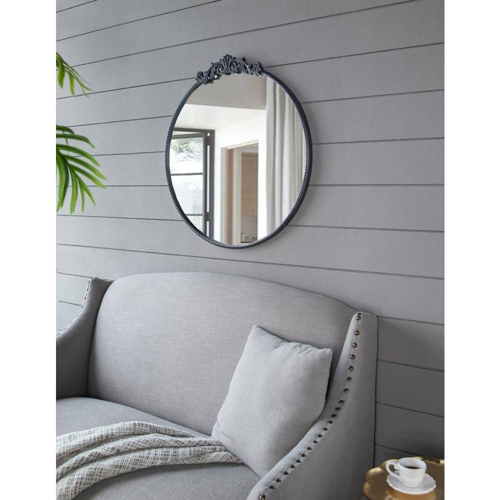 30" Black Metal Round Wall Mirror with Carved Rose Detail