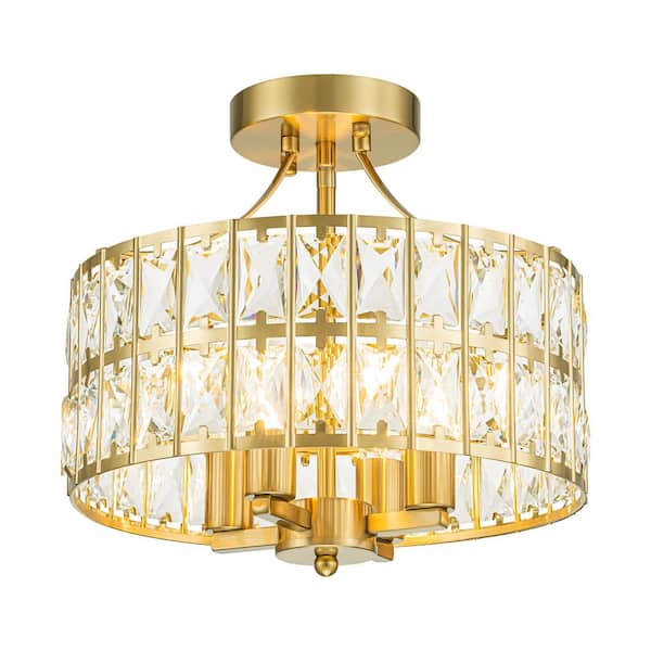 Rennnsan Madeline 12.59 in. 4-Light Round Gold Drum Semi Flush Mount Ceiling Light with Clear Crystal Glass Drum Shade