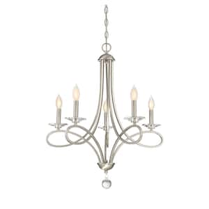 26 in. W x 29 in. H 5-Light Brushed Nickel Chandelier with Curved Arms, Clear Crystal Bobeches and Clear Crystal Finial