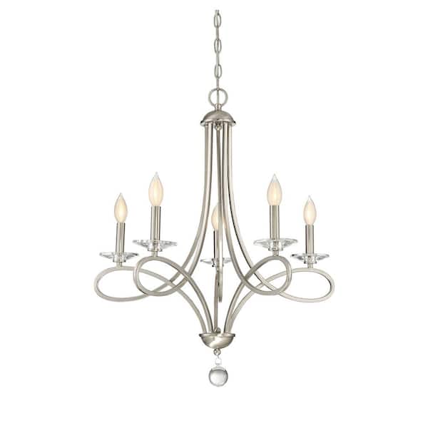 Savoy House 26 in. W x 29 in. H 5-Light Brushed Nickel Chandelier with Curved Arms, Clear Crystal Bobeches and Clear Crystal Finial