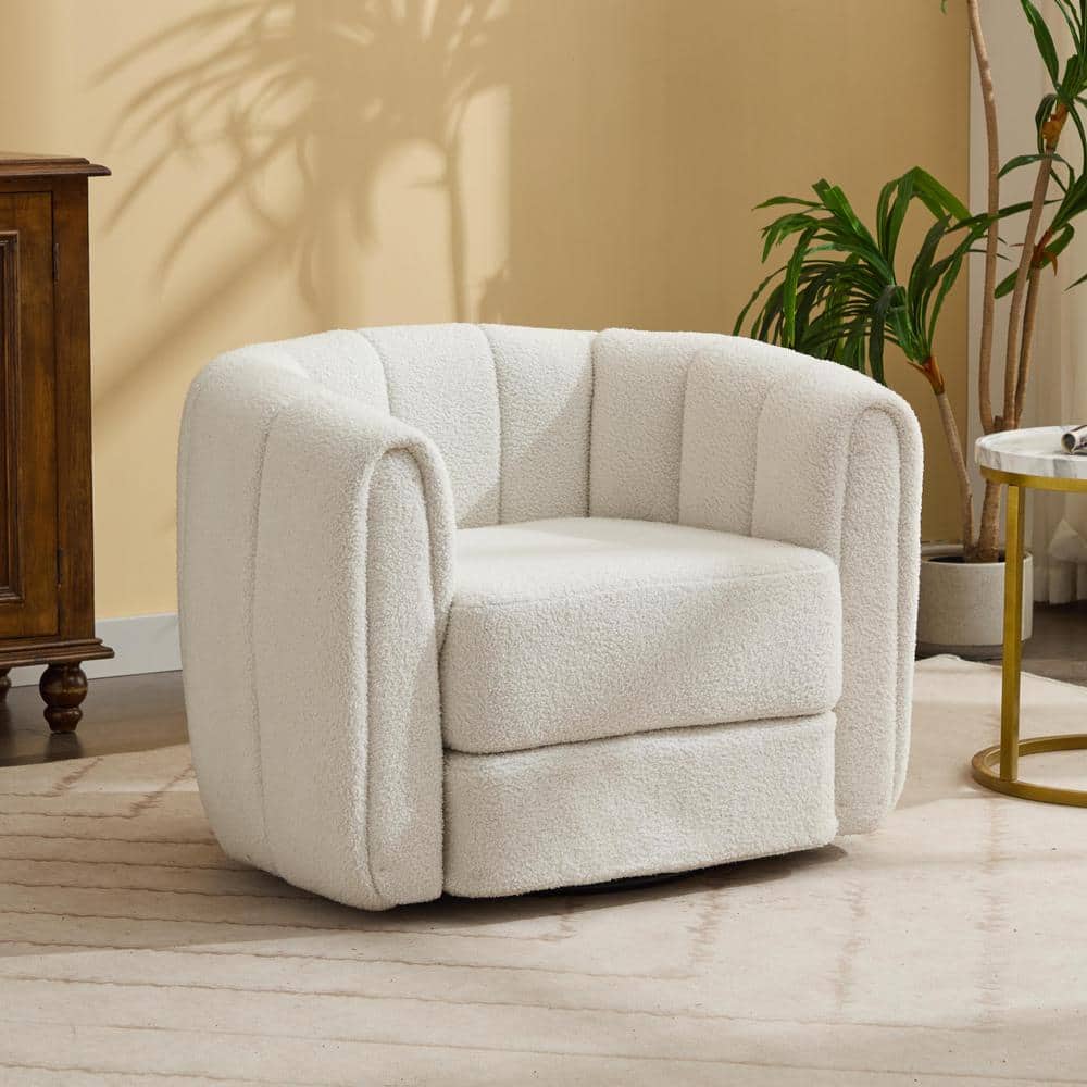 37 in. Teddy Fabric Plush Pumpkin Barrel Chair with Swivel (Set of 1) - Bei