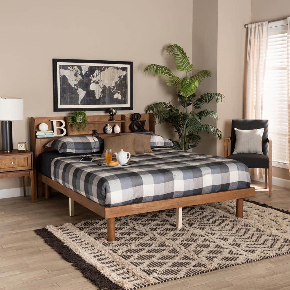 Walnut Brown Queen Wood Platform Bed with Shelved Headboard