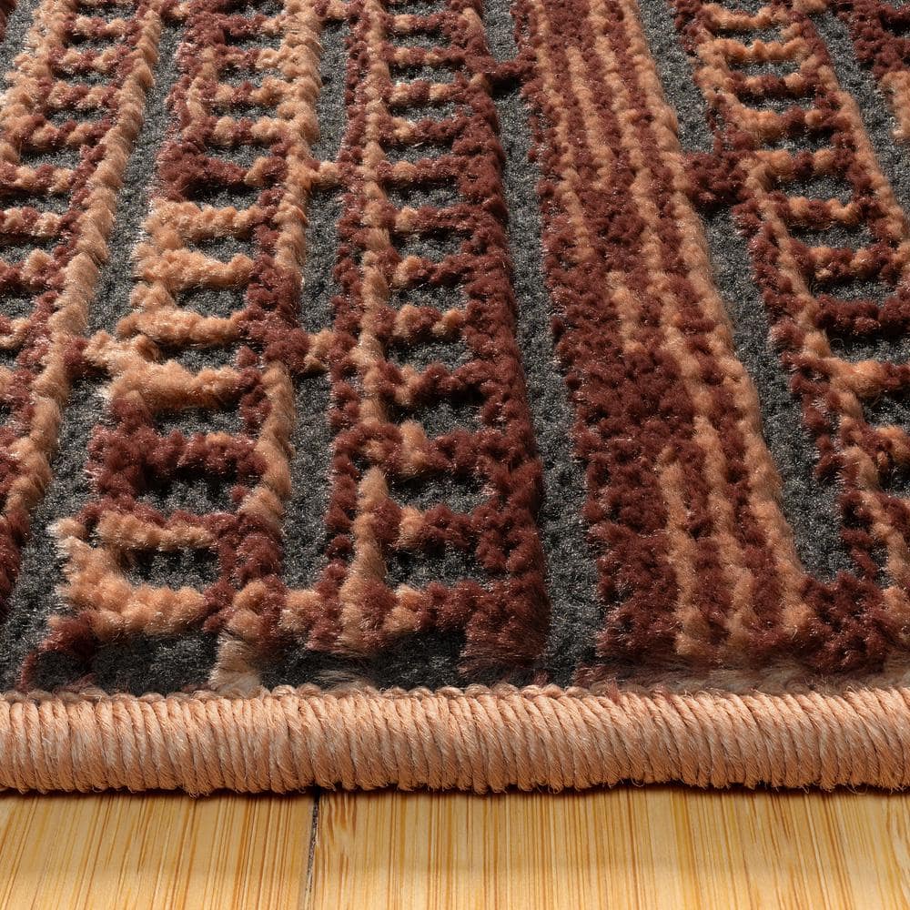 Missha Dark Brown Striped Polyester High-Low Runner Rug