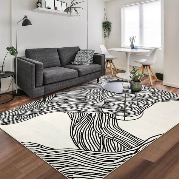 8' x 10' Blue Marble Abstract Area Rug, Machine Washable Non-Slip Low-Pile Soft Rug for Living Room, Black and White