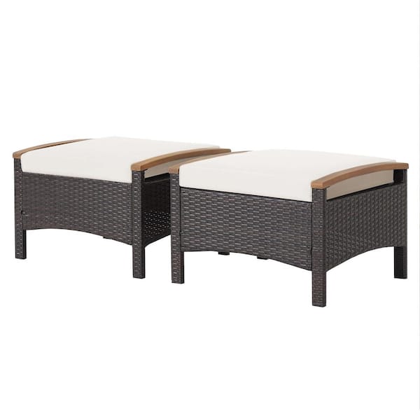 ANGELES HOME Wicker Patio Outdoor Ottoman Fade-Resistant with Off White Cushion (2-Pack)