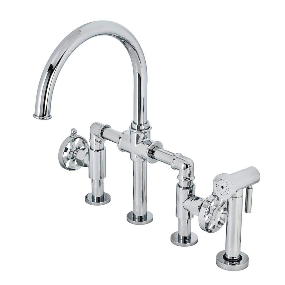 Kingston Brass Belknap DoubleHandle Deck Mount Gooseneck Bridge Kitchen Faucet with Brass
