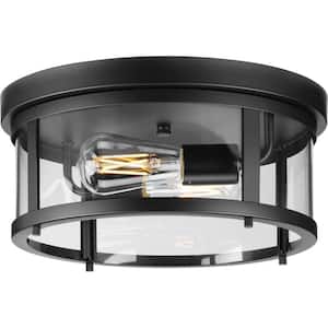 Gunther 12.625 in. 2-Light Matte Black Flush Mount Light with Clear Glass Shade