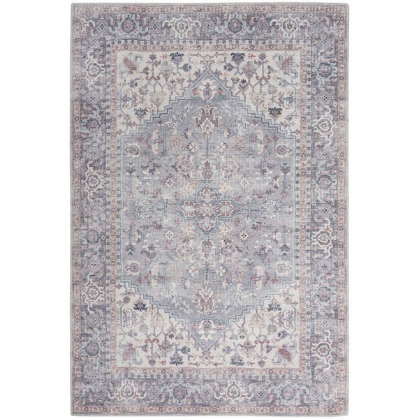 New Concept Machine Washable Grey 4 ft. x 6 ft. Bordered Traditional Area Rug