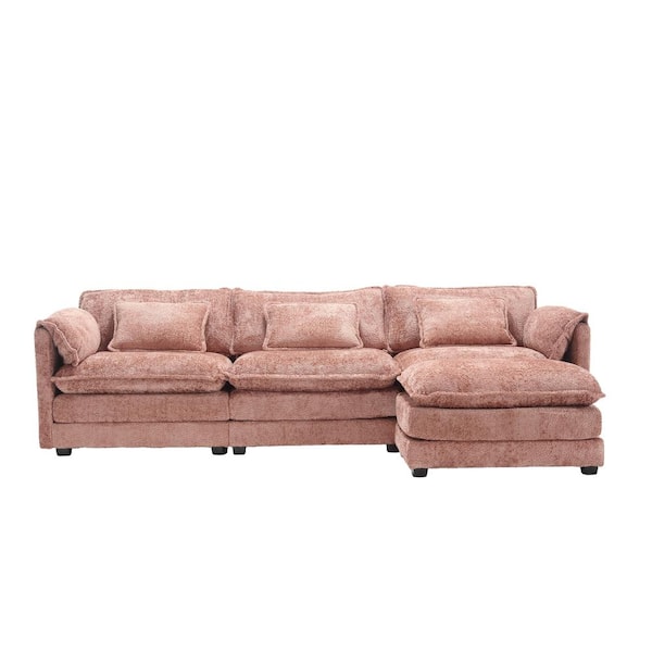 112 in. Sq. Arm 4-Piece L Shaped Chenille Modern Sectional Sofa in Pink with Moveable Ottoman