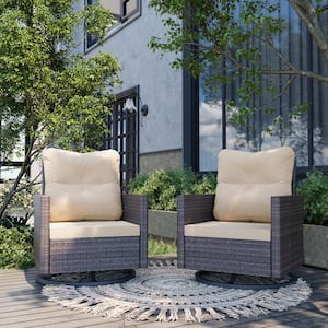 2-Piece Brown Wicker Outdoor Rocking Chair Swivel Chair with Beige Cushions