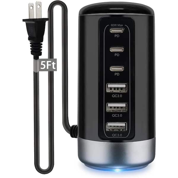 EKIEUDL Black 60-Watt 6-Ports Universal USB C Tower Fast Charging Station with 5 ft. Extension