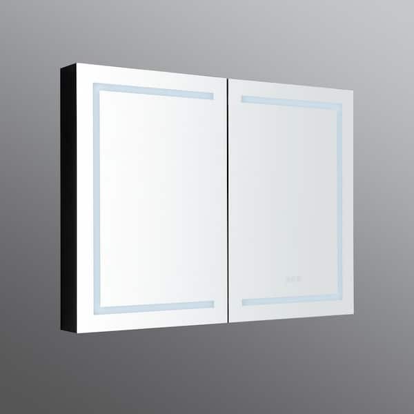 Interbath 48 in. W x 36 in. H Rectangular Black Aluminum Surface Mount Medicine Cabinet with Mirror and LED Light