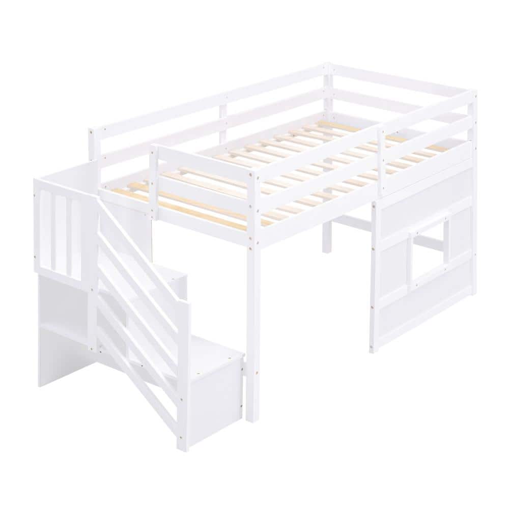 Nestfair White Twin Wood Loft Bed with Storage Staircase,Window and LED ...