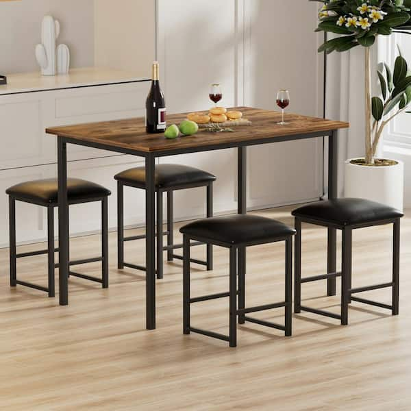 Compact Dining (Set for 4), Space-Saving Kitchen Table with PU Chairs/Stools, Heavy-Duty Frame Dining Table Set, Brown